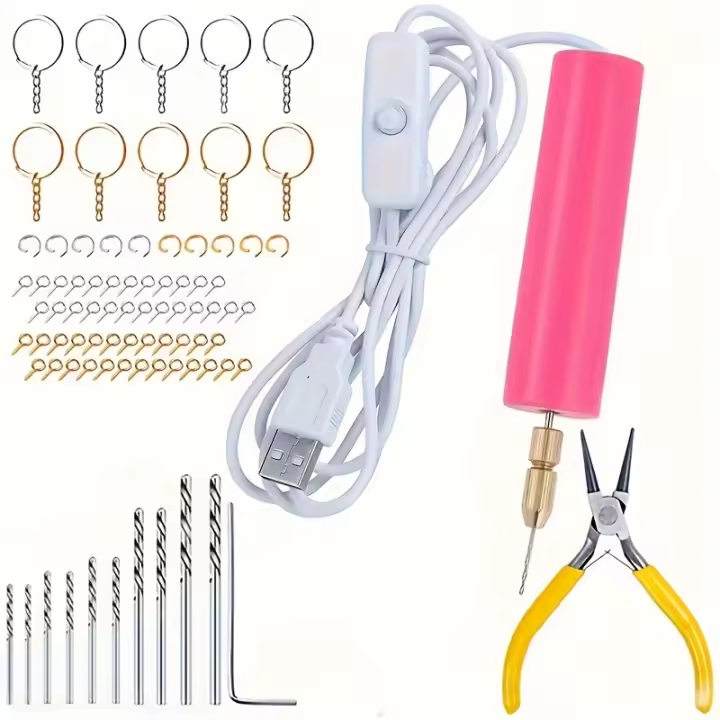 Juego de taladro mini alimentado por USB para bricolaje de bisutería, creación de joyas y perlas - Herramienta manual portátil para cortar, moler, grabar, pulir y taladrar con precisión - Material ABS, no requiere batería - 1