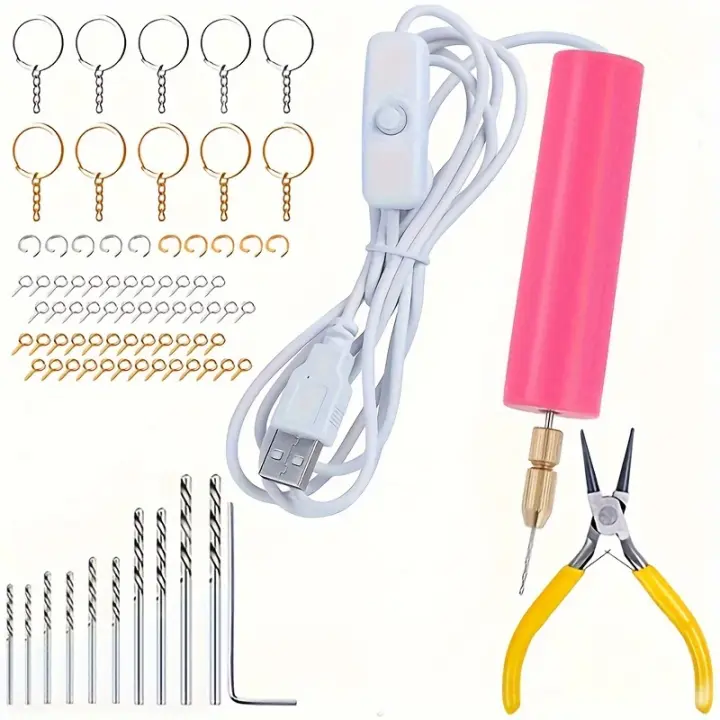 Juego de taladro mini alimentado por USB para bricolaje de bisutería, creación de joyas y perlas - Herramienta manual portátil para cortar, moler, grabar, pulir y taladrar con precisión - Material ABS, no requiere batería - 1