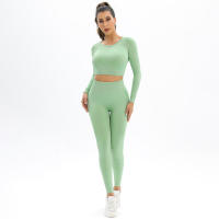 Conjunto de Yoga sin costuras para mujer, ropa deportiva de entrenamiento para gimnasio, Top corto de manga larga, Leggings de cintura alta, trajes deportivos de 2 piezas - details 23