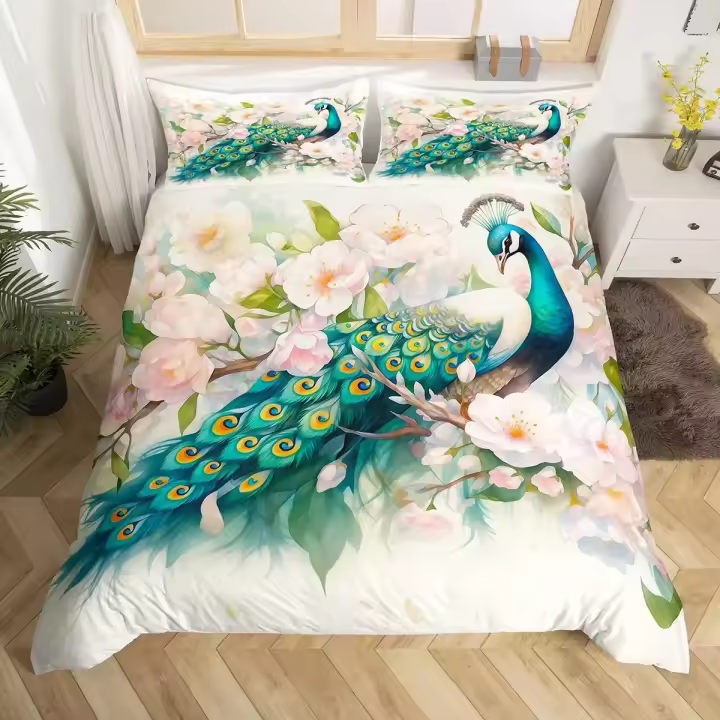Juego de Ropa de Cama de Pavo Real Cubierta de Edredón de Tela de Poliéster con Estampado Floral de Pájaro 2 Fundas de Almohada y Cubierta de Cama - 1
