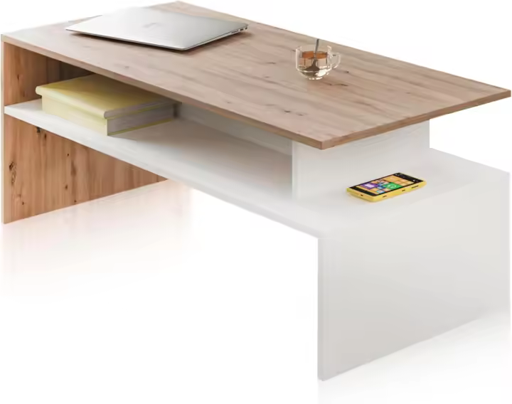 Centro Doble Altura, Mesita para Salón, Mesa Auxiliar, Modelo Iris, Acabado en Color Blanco Artik y Roble Nodi, - 1