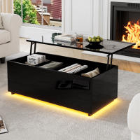 Mesa de Couch con Brillo Negro Moderno con Iluminación LED Taburete Elevable Hidráulico 100*50*35cm - details 0
