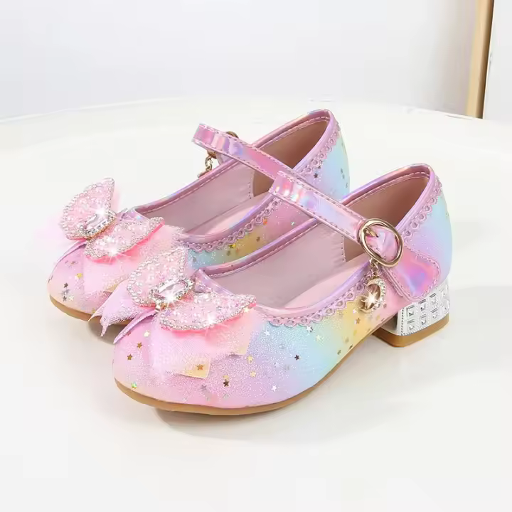 Zapatos de Princesa Arcoíris para Niños Puro Cuero Morado Alto Tacón Lazos Brillantes Solo Par - 1