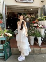 Lindo vestido de tirantes francés blanco de aspecto juvenil falda larga de pastel suelta pequeña para vacaciones de verano para mujer - details 3