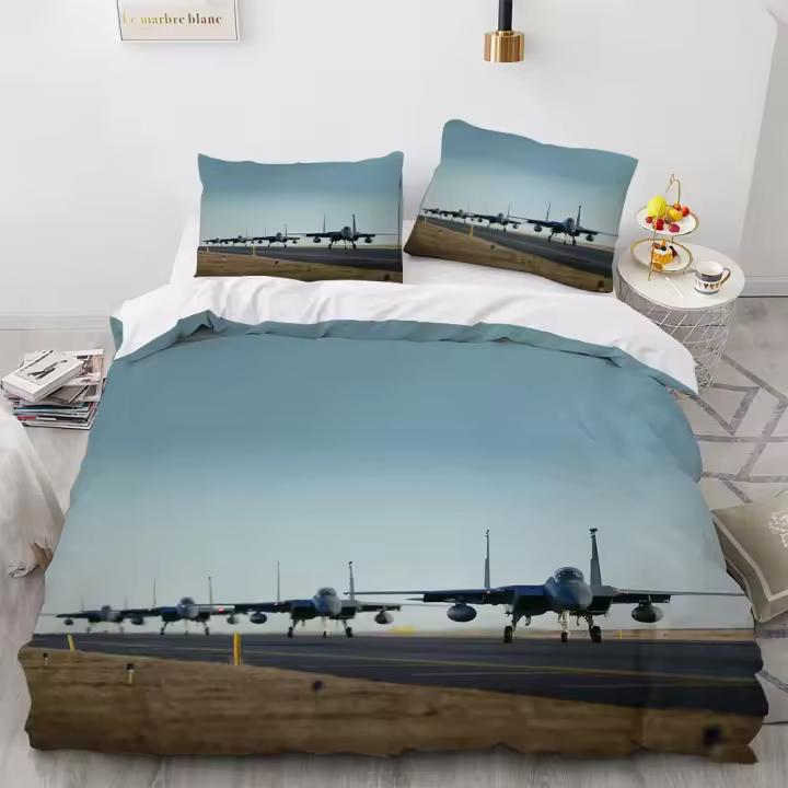 Funda de edredón Avión de combate Rey Reina Funda nórdica Avión militar Juego de cama temático Niños Niños Hombres Avión al atardecer Funda de edredón de poliéster - 1