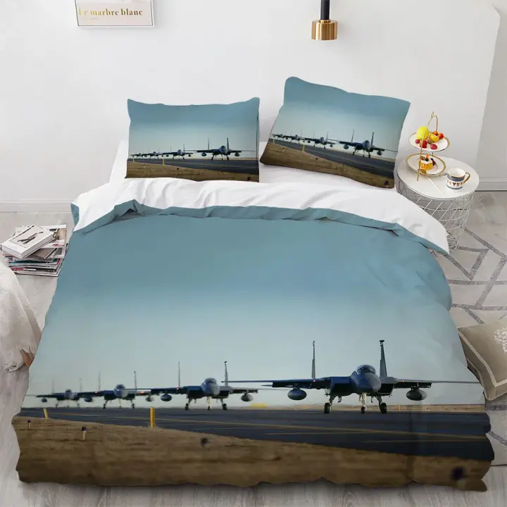 Funda de edredón Avión de combate Rey Reina Funda nórdica Avión militar Juego de cama temático Niños Niños Hombres Avión al atardecer Funda de edredón de poliéster - 1