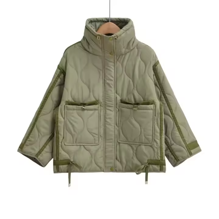 Nuevo algodón de cuello alto para mujer de invierno, casual con cordones y diseño de bolsillo, chaqueta corta - 1