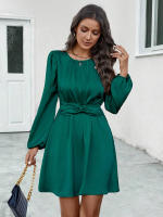 Vestido plisado de manga larga para mujer, minivestido liso con cuello redondo, ropa de fiesta, ropa de calle, primavera y otoño, 2024 - details 3