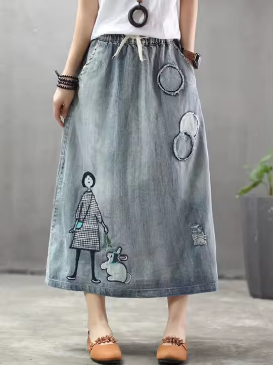 Falda de mezclilla con bordado clásico para mujer estilo coreano 2024 falda casual de manga larga para días de primavera/verano hecha de poliéster y denim - 1