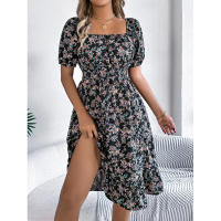 Primavera Verano 2025 Europeo y Americano Floral Cuello Cuadrado Manga Corta Cintura con Volantes Falda Línea A - details 33