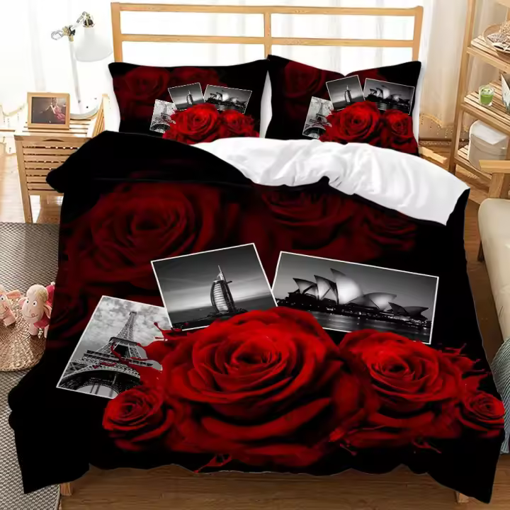 Cubierta de edredón Romántica de Rosa Roja Par de Cama Floral para Pareja Conjunto de Cama Impreso 3D - 1