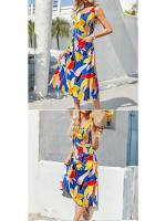 Vestido midi largo de mujer con cintura alta, liguero, chaleco, falda estampada, bolsillo, ideal para uso diario. - details 6