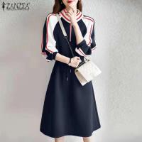 ZANZEA-vestido deportivo de primavera para mujer, vestido informal a la moda de manga larga con rayas en contraste, vestido Midi con cuello levantado y cordón en la cintura - details 1