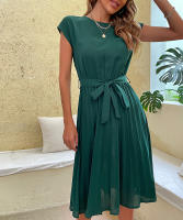 Vestido plisado elegante para mujer, manga corta con cinturilla, verde negruzco S, Verano - details 5