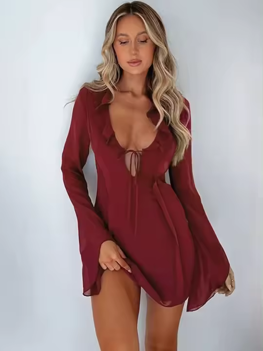 Vestido Bandage de manga larga de malla para mujer, minivestido Sexy con cuello con cuentas y volantes, fiesta y noche en la playa Tre 2023 - 1