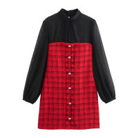 Vestido rojo d de manga larga con cuello redondo para mujer, decoración de un solo pecho, otoño - details 1
