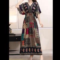 Casual bohemio estilo nacional con cuello en V cintura elástica gran Swing impreso verano Falda larga mujer vestido ropa - details 43
