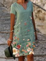 Vestido Midi de Verano Vintage con Estampado Vestido Corto de Algodón con Cuello en V para Mujeres - details 4