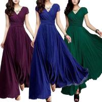 Gran oferta, vestido de noche largo bohemio de Color sólido con manga corta y cuello en V, cintura ajustada - details 1