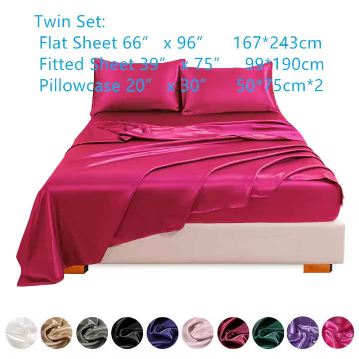 Conjunto de sábanas ajustadas lisas con satén de imitación, ropa de cama cómoda y sedoso para dormitorio, 4 unidades - 1