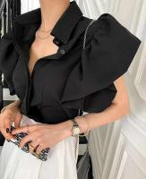 Camisa negra casual para mujer, blusa de manga corta única, estilo palaciego, tops con botones, blusa de verano - details 7