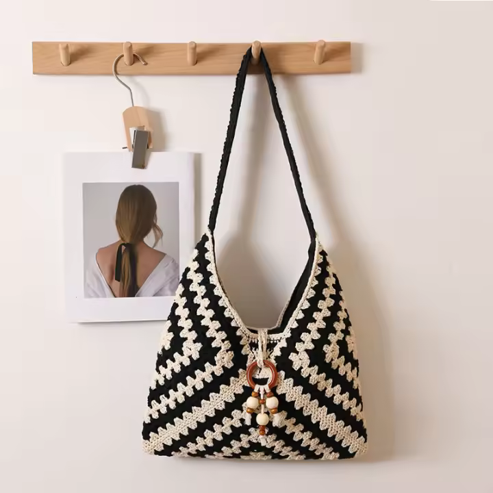 Bolso de algodón tejido de un solo hombro estilo étnico, bolso de paja, bolso de playa para vacaciones, bolso versátil para mujeres - 1