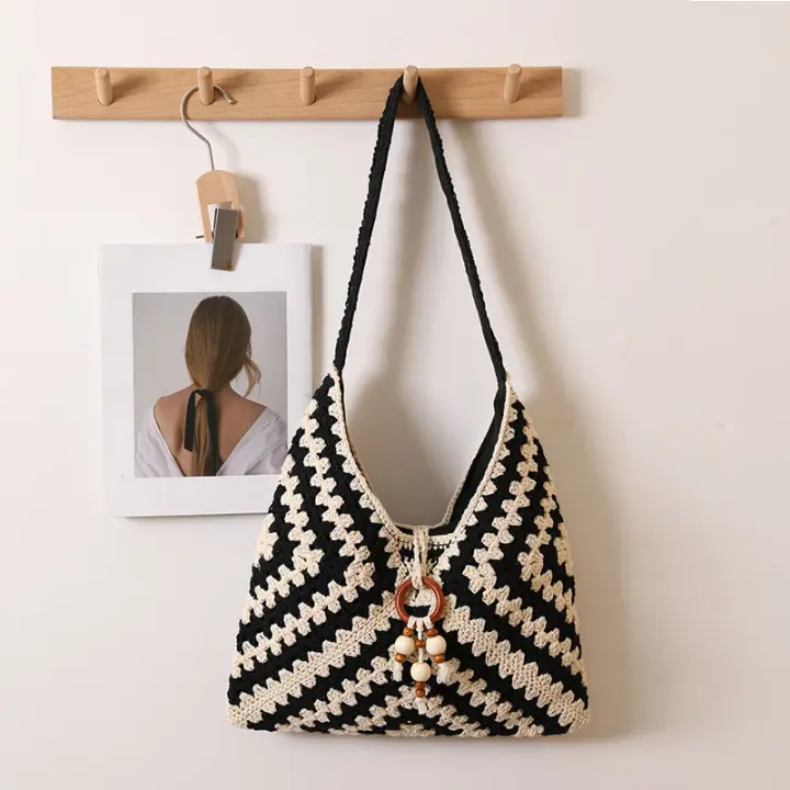 Bolso de algodón tejido de un solo hombro estilo étnico, bolso de paja, bolso de playa para vacaciones, bolso versátil para mujeres - 1