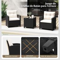 Conjunto de jardín exterior de ratán de 3 piezas, 1 mesa auxiliar de vidrio templado y 2 sillas con cojines, muebles de jardín terraza balcón exterior (negro) - details 37