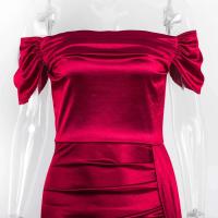 Vestido de dama de honor plisado de satén elástico, hombros descubiertos, vestido de noche formal, apertura frontal, hasta el suelo - details 7