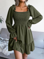 Vestido elegante de manga larga para mujer, falda de cuello cuadrado, de Color sólido vestido de volantes, moda de primavera y otoño - details 4
