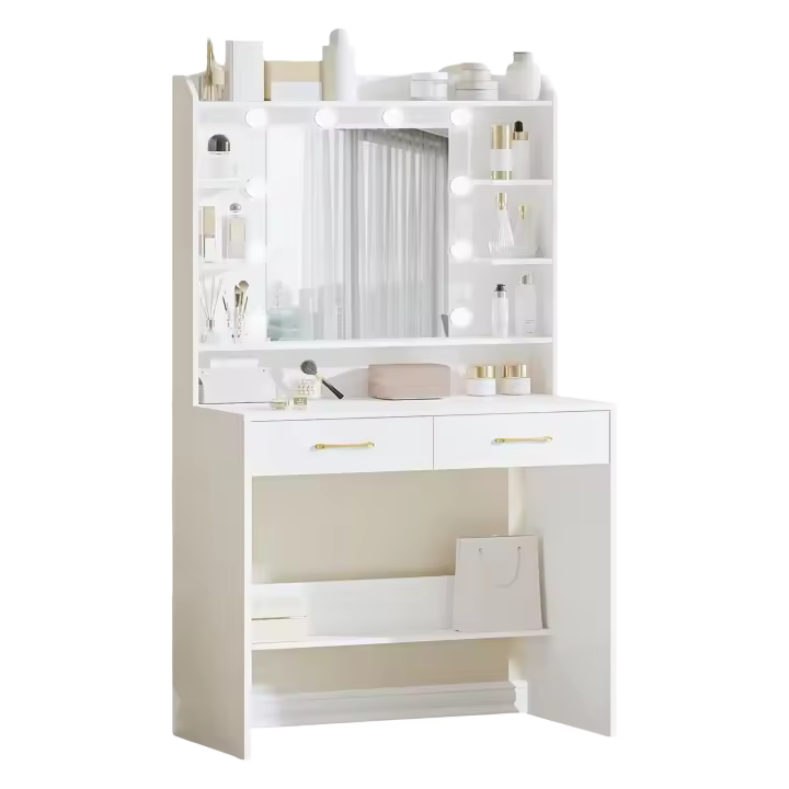 Estilo Morno, Estación de Maquillaje con Estantes Abiertos y 2 Cajones, para Dormitorio, Salón, 40 x 80 x 149cm, Blanco DT08203X - 1