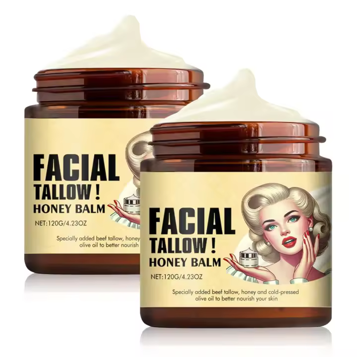 Bálsamo de miel y sebo de res batido, crema facial con acabado de hierba alimentada con pasto, bálsamo hidratante de miel y sebo batido, hidratante natural para rostro y cuerpo (2 botellas) - 1