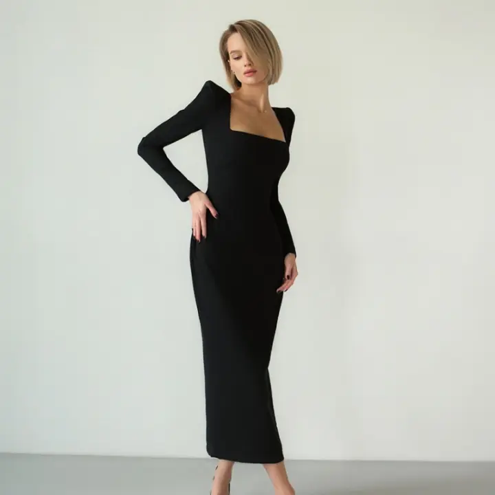 Vestido largo con cuello cuadrado para mujer, temperamento francés pequeño, negro, tejido hasta la cadera - 1