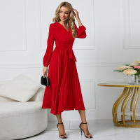 Vestidos largos informales para mujer, cuello en V, manga larga, cintura alta, Maxi, diario, rojo S - details 4