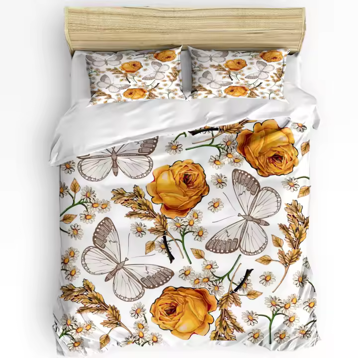 Seta de Cama Retro con Diseño de Mariposa Naranja Rosas y Margaritas Funda de Edredón para Hogar sin Sábana Estilo Vintage para Dormitorio - 1