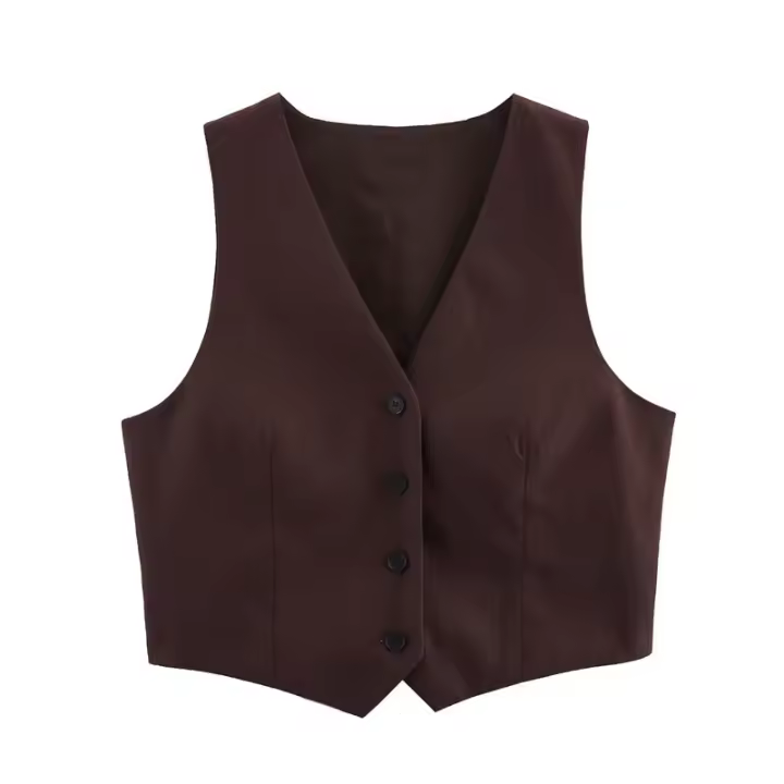 Conjunto de Pantalones Cortos para Mujer OUWU Top de Pecho Liso, Chaleco Ajustado con Cuello en V, Pantalones Rectos Plisados de Cintura Alta Nuevo Look de Primavera - 1