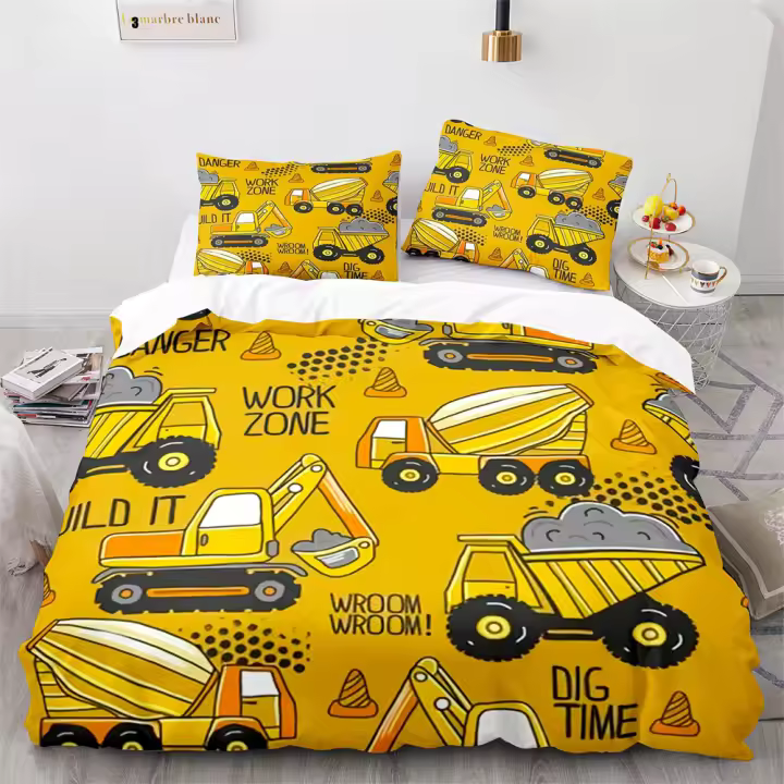 Juego de funda de edredón de excavadora de vehículo de ingeniería, juego de cama de poliéster de tamaño completo King Queen para niños, niños y niñas, funda de edredón - 1