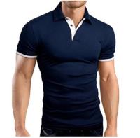 Polo de manga corta ajustado para hombre, camisa de cuello suave y sólido, trabajo, Golf, senderismo, informal, azul marino/blanco - details 6