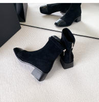 Botas cortas de tacón medio negro simple que empalman botas de caballero de tacón grueso - details 23