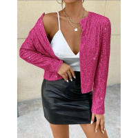 Chaqueta de manga larga con cuello redondo y lentejuelas para mujer, abrigo corto elegante de Color liso para primavera y otoño - details 16