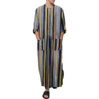 Ropa Árabe Para Hombres Kaftán Islámico De Algodón Con Rayas Traje Dubai Abaya Retro De Verano Y Otoño Estilo Casual - details 32