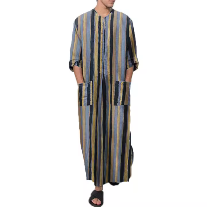 Ropa Árabe Para Hombres Kaftán Islámico De Algodón Con Rayas Traje Dubai Abaya Retro De Verano Y Otoño Estilo Casual - 1