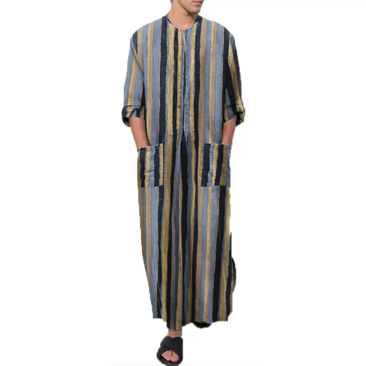 Ropa Árabe Para Hombres Kaftán Islámico De Algodón Con Rayas Traje Dubai Abaya Retro De Verano Y Otoño Estilo Casual - 1