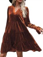 Otoño e Invierno suelto Color sólido con cuello en V vestidos de manga larga para mujer nuevo en elegante Retro Casual Midi vestido femenino - details 7
