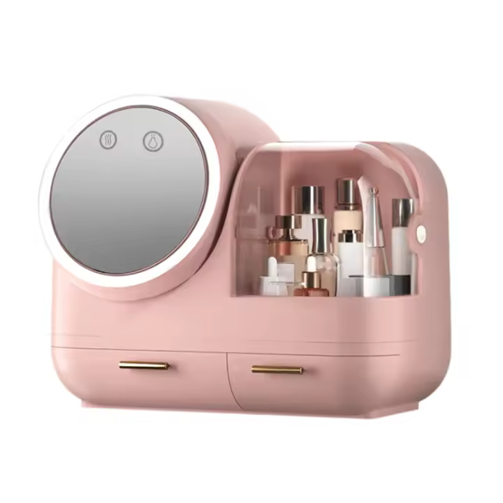 Organizador de maquillaje con luz LED, espejo giratorio HD, carga USB, modelo de ventilación de aire, alta capacidad - 1