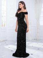 Vestidos de Fiesta Largos con Lentejuelas Cuellos de Aguja Oblicuos Vestidos de Noche Elásticos sin Mangas Rojo, Negro, y Oro - details 4