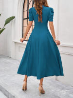 Primavera Verano elegante cintura con cuello en V Color sólido vestido de manga corta moda mujer - details 20