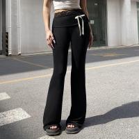 Pantalones acampanados de encaje para mujer, pantalones negros de cintura alta con lazo largo, ropa elástica cómoda de algodón estético - details 7