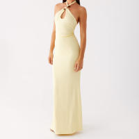 Vestido largo de mujer sin mangas con cuello halter y espalda descubierta ahuecado vestido de cóctel ajustado para fiesta - details 3