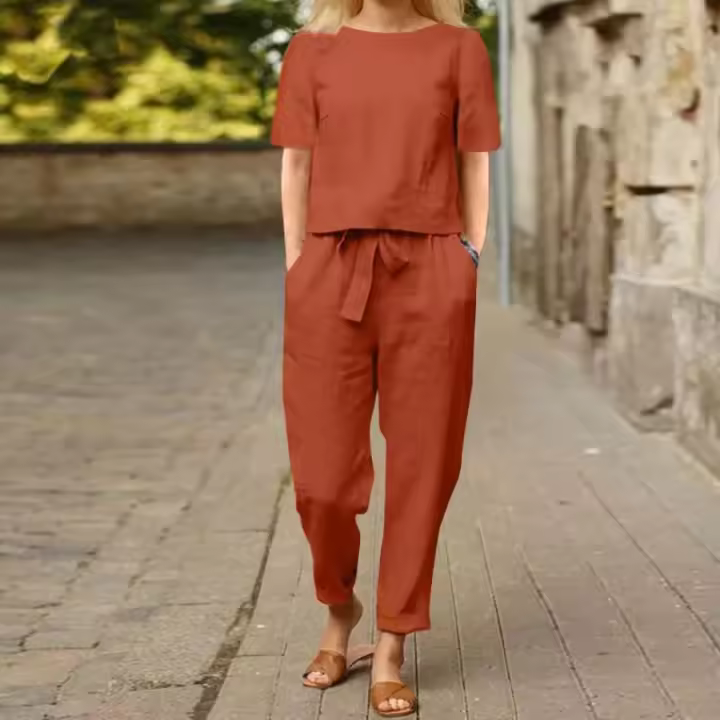 Conjunto de Verano de Algodón-Lino Manga Media, Cuello Redondo, Blusa Oversize, Pantalones de Pierna Ancha Ropa de Casa Retro - 1